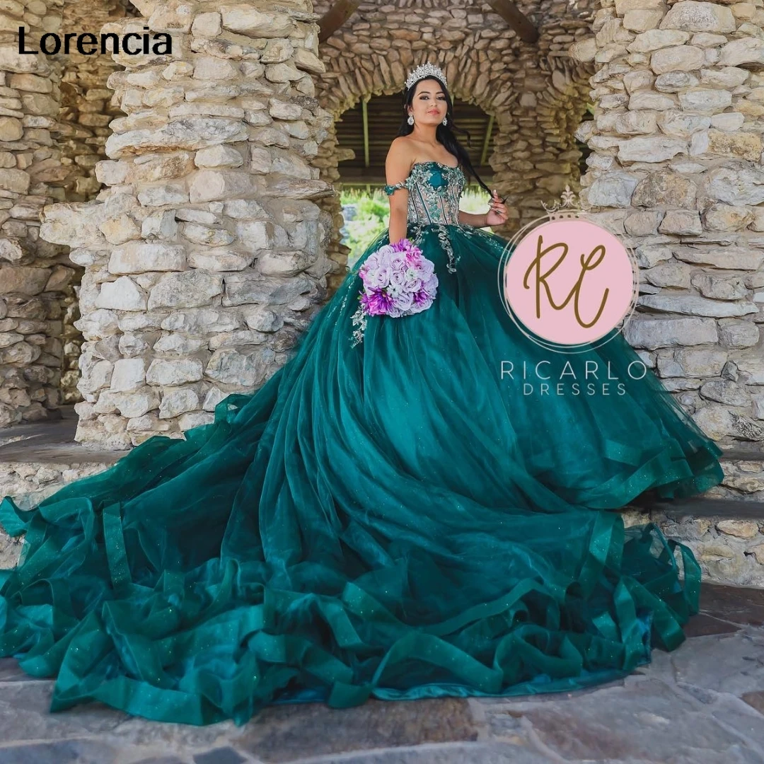 Lorensia gaun berkilau hijau zamrud Quinceanera gaun pesta renda Applique bermanik korset Meksiko manis 16 Vestidos De 15 aduduk YQD853