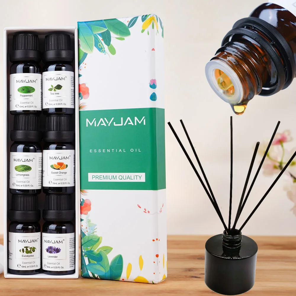 MAYJAM 6 Bottles Essential Oil Lavender Eucalyptus Peppermint Tea tree Sweet Orange Lemongrass for Reed Diffuser Making Candles