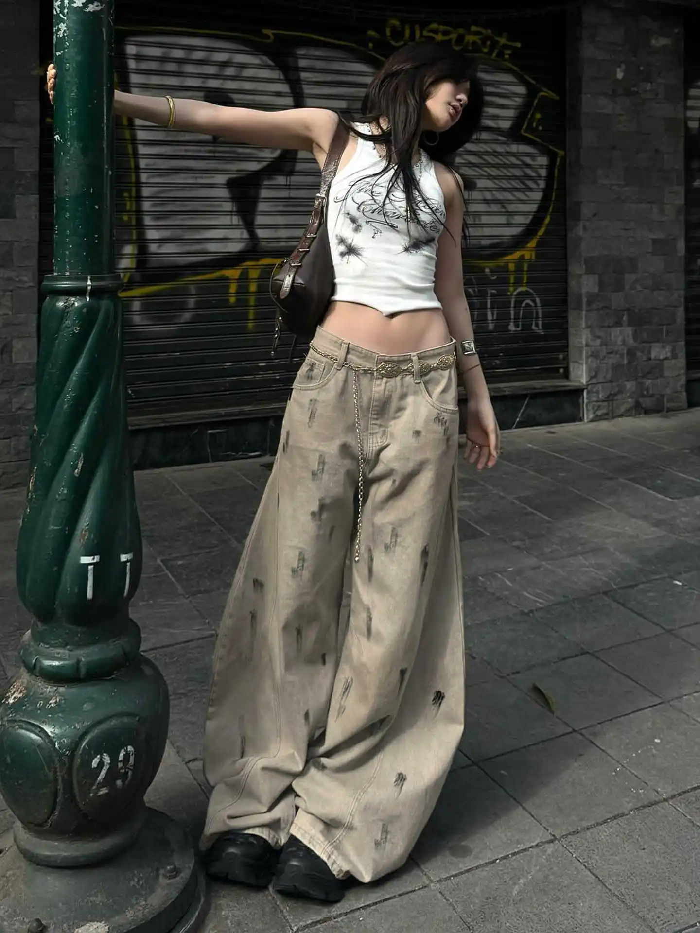

Khaki Color Womens Jeans High Waist Vintage Straight Baggy Pants Cargo Design Sense Streetwear American Wide Leg Denim Trouse