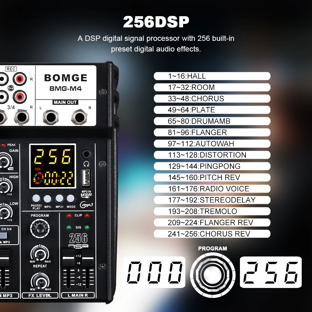 BOMGE M4 OTG 4-Ch Audio Mixer 256 DSP 48V Power OTG Phones Live USB Sound Card Mixing Console for Live Streaming Record Karaoke