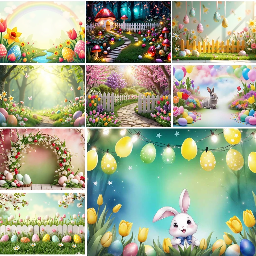 

MOON.QG Easter Forest Backdrop Enchanted Path Hanging Egg Ornaments Daisies Tulips Photography Background Wallpaper Portrait