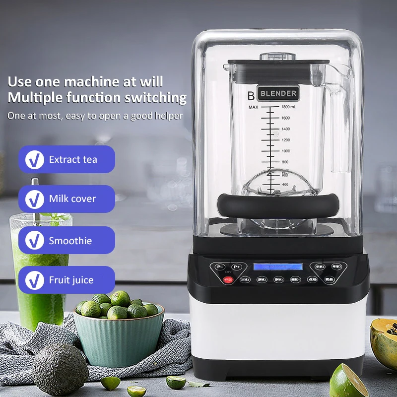 Commercial Smoothie Blender with Soundproof Cover, Automatic Fruit Juicer Mixer for Hotel and Canteen Use