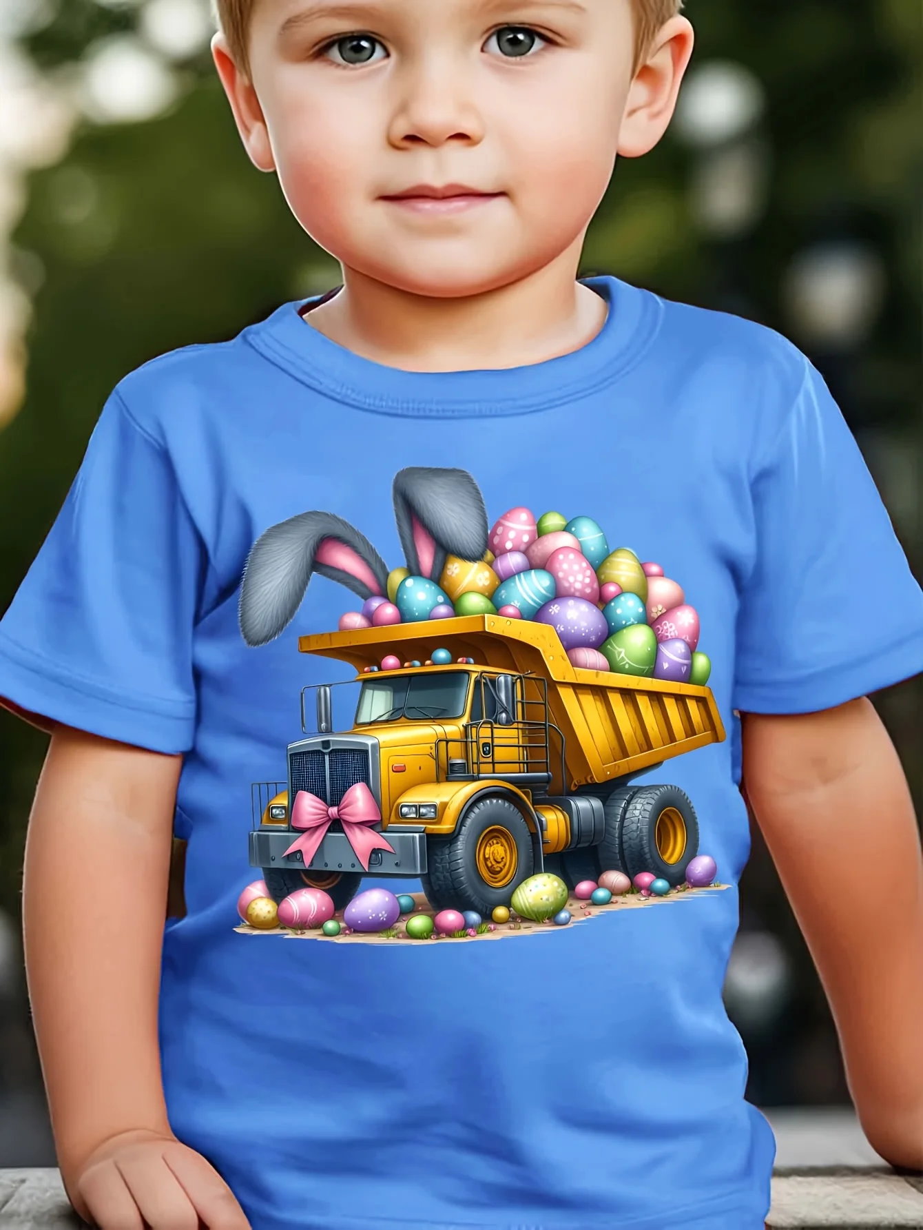 Truck Full of Easter Eggs, Fashionable Rabbit Ear Print Creative Spring and Summer Round Neck T-shirt, Casual Parent-child Top