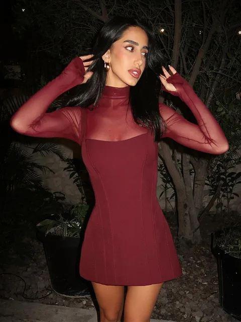 Siatkowe patchworkowe sukienki dla kobiet moda seksowna odzież uliczna solidne pełne rękawy z golfem linia A Skinny Mini Vestidos szaty kobiece