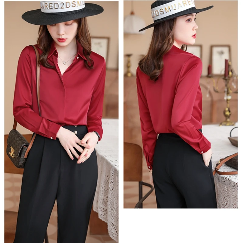 Red Women Shirt New Korean Fashion Women Clothing OL Satin Blouse for Women Long Sleeved Women\'s Shirt Basic Elegant Women Tops