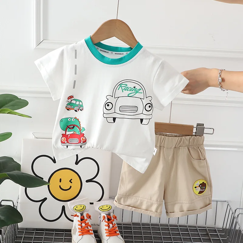 Kids Summer Sets 2024 Baby Boy Clothes 9 To 12 Months Casual Dinosaur Car Short Sleeve T-shirts and Shorts Children's Clothing