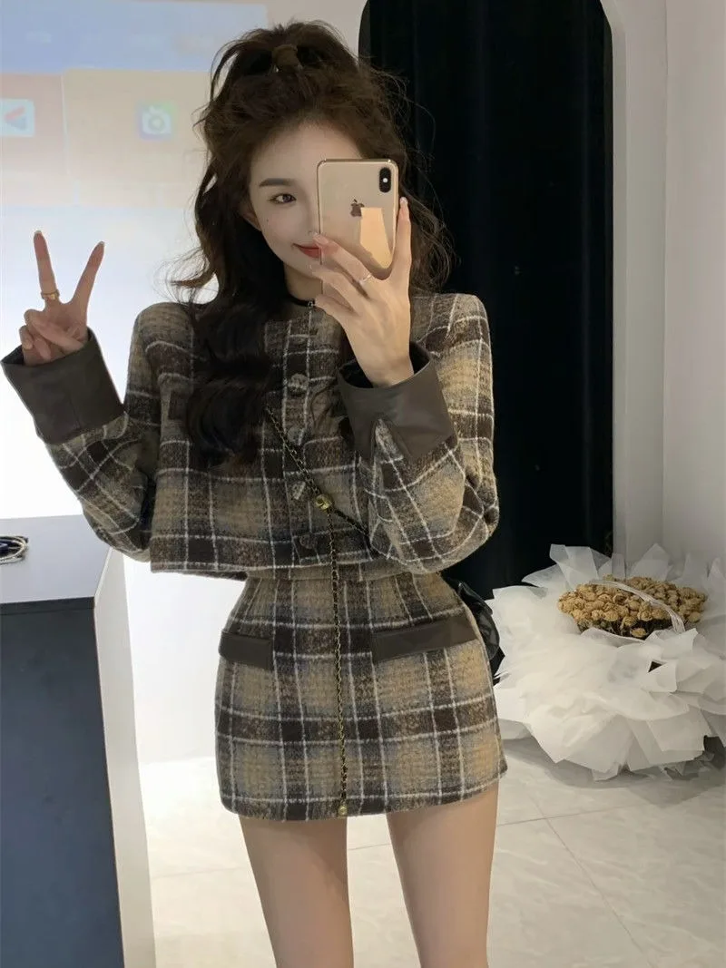 

Korean Plaid Jacket Skirt Two-piece Set Women Fashion Round Neck Temperament Retro Slim Single Breasted Chic Winter Thicken Suit