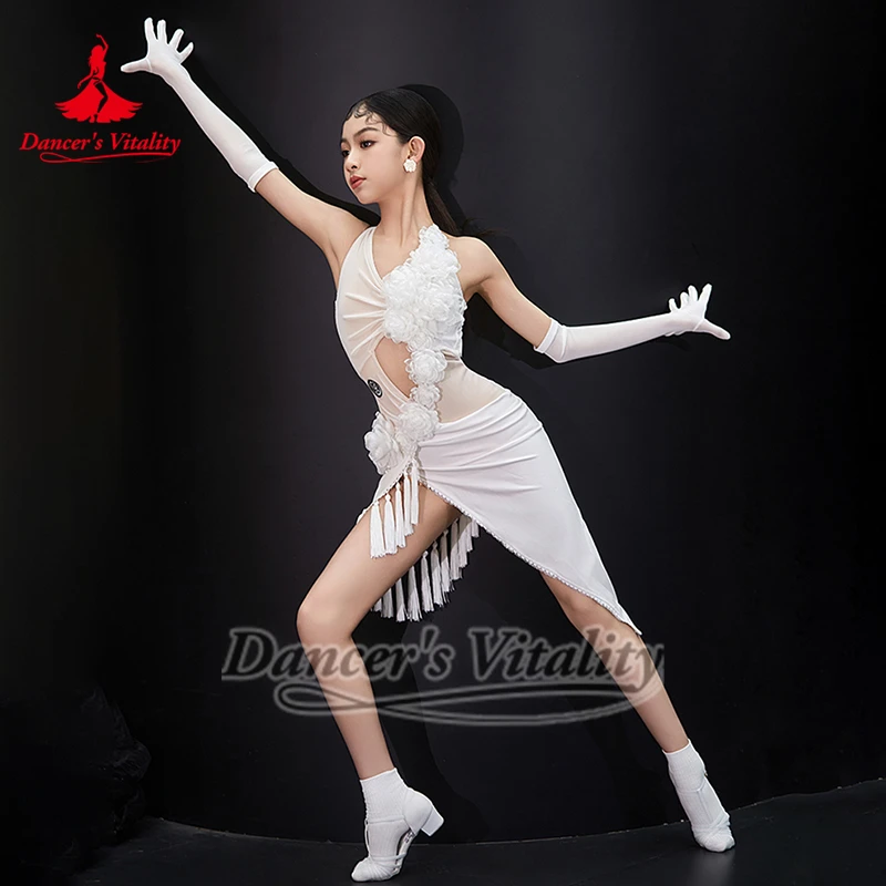 Child Pearl Tassel Hollowing Latin Training Dresses Dancer's Vitality Teenagers Chacha Samba Rumba Salsa Performance Clothing