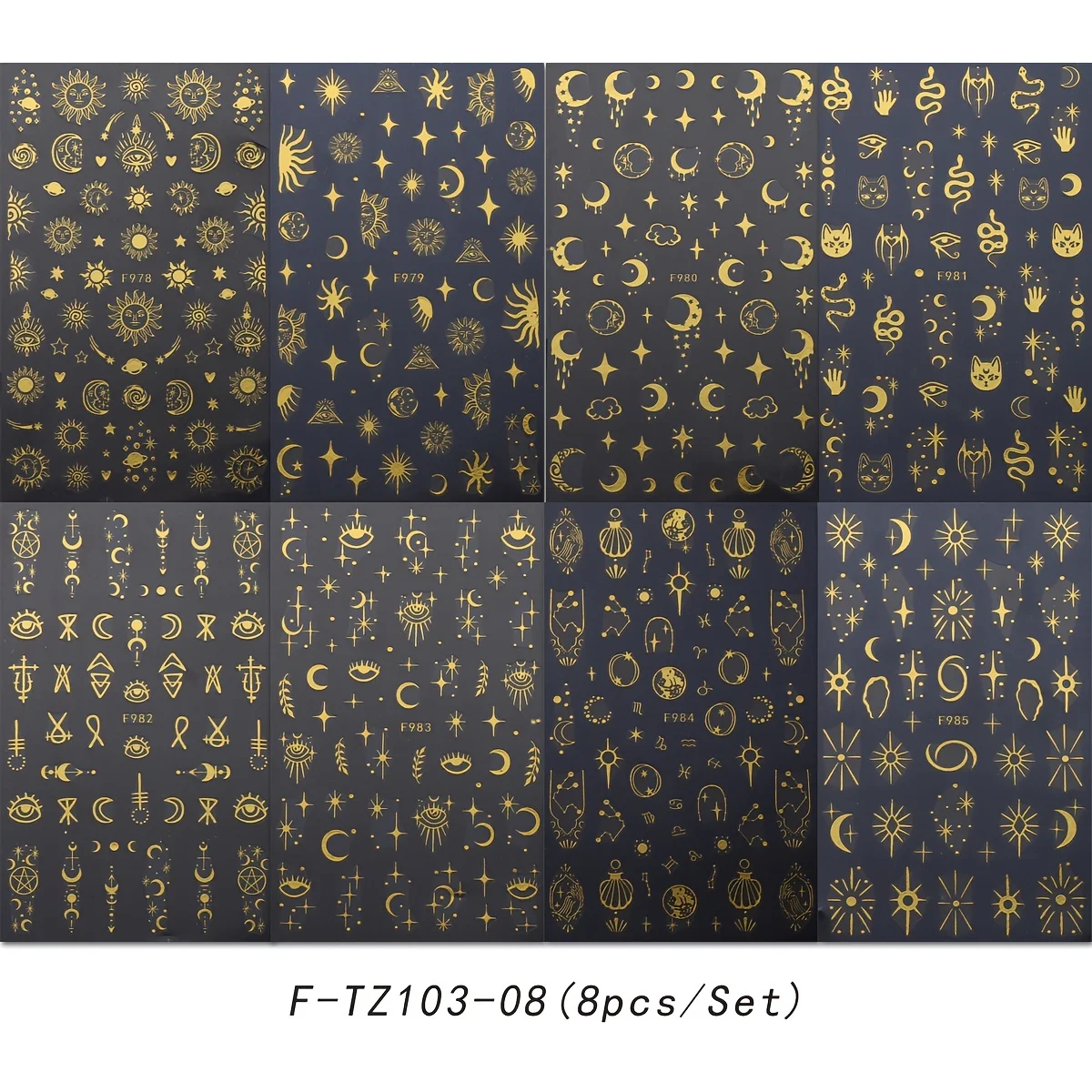 Autocollants dorés pour nail art, soleil, lune, étoile, faciles à appliquer pour la décoration des ongles, le bricolage, le cadeau, le maquillage de fête et de mariage, 8 pièces