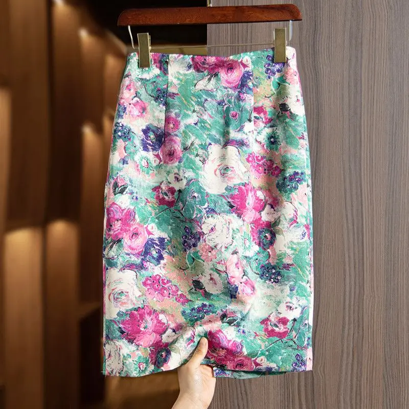 Retro Elegant Silk Satin Half Skirt, Spring/Summer 2025 New Peony Flower Printed Loose Medium length Skirt for Women