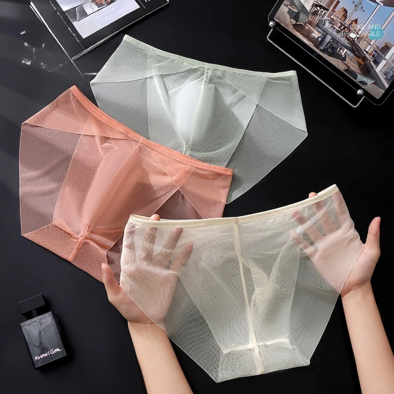 Men's Briefs Invisible Gauze Mesh Underwear Sexy See Through Sissy Lingerie U Convex Pouch Panties Quick-Drying Underpants