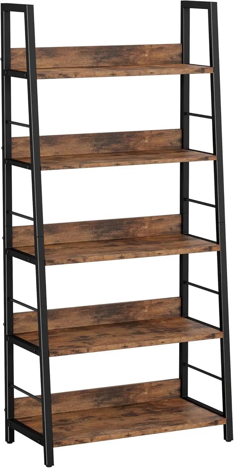 

5-Tier Ladder Shelf with Metal Frame, Industrial Bookshelf for Living Room, Home Office, Rustic Brown