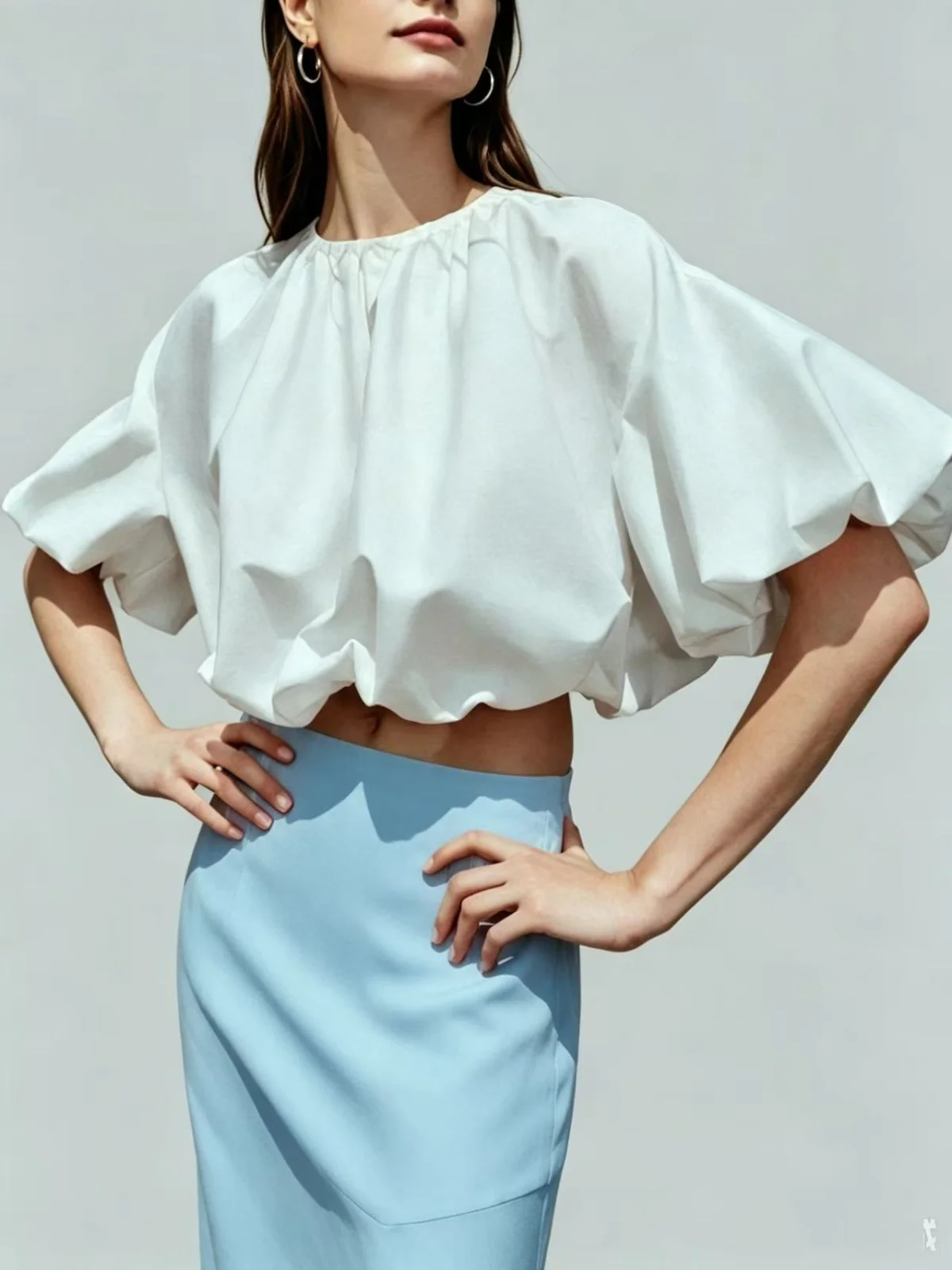2026 Spring/Summer New Women's Clothing Round Neck Short-Sleeve Poplin Balloon Silhouette Short Top Solid White