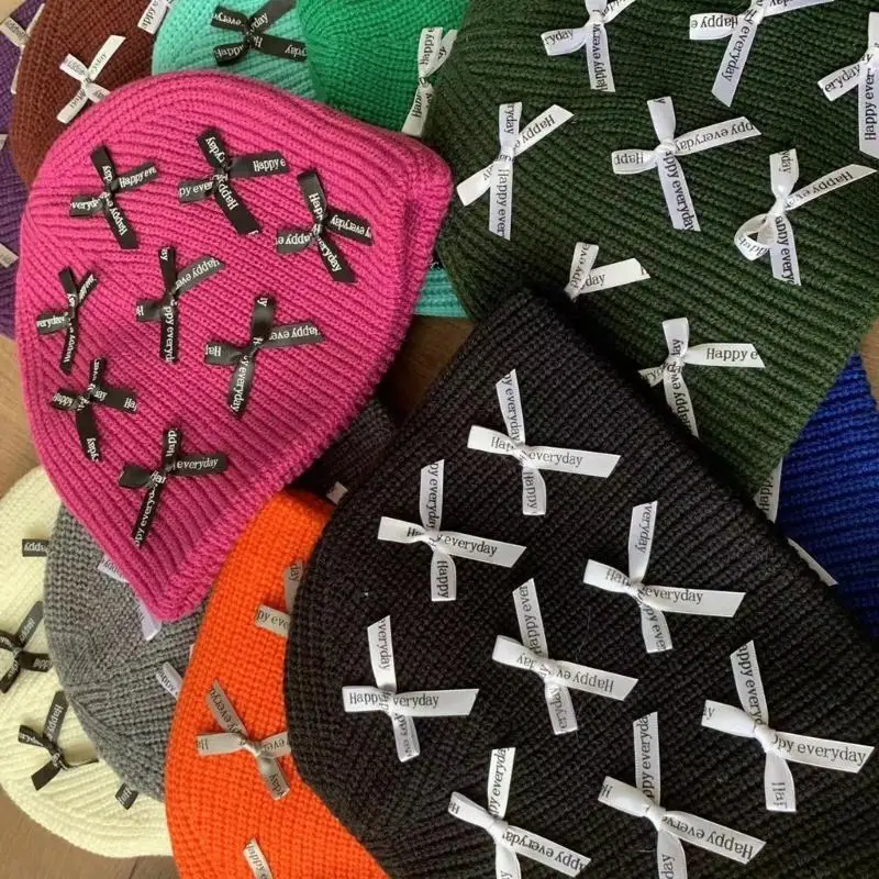 

39BD Handmade Crochet Beanie Cap Girls Skull Hat Women Bowtie Hat Fashion Photo Cap