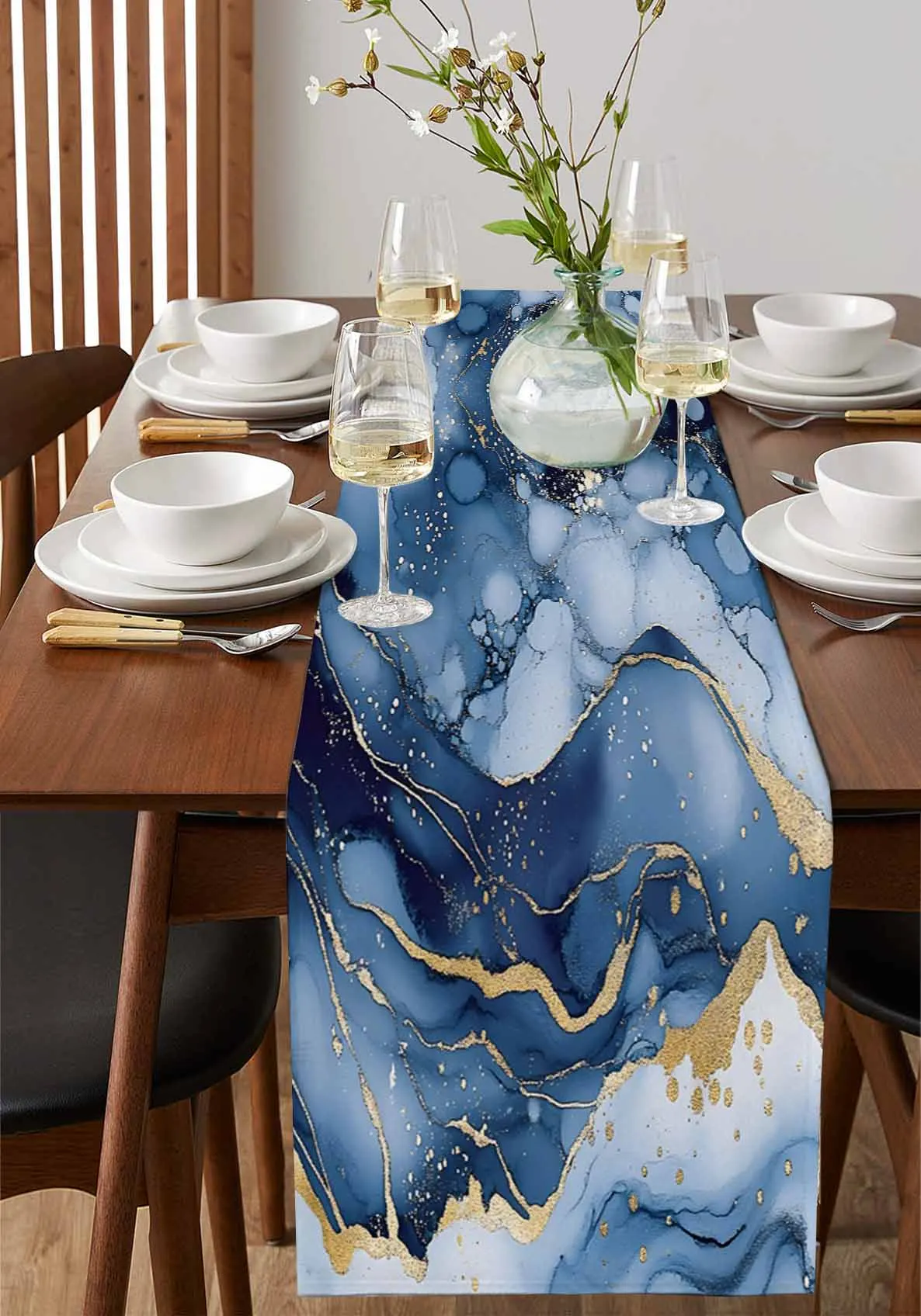 

Blue Gold Abstract Art Decoration Table Runner Wedding Decor Table Runner Holiday Dining Table Decor Linen Tablecloth