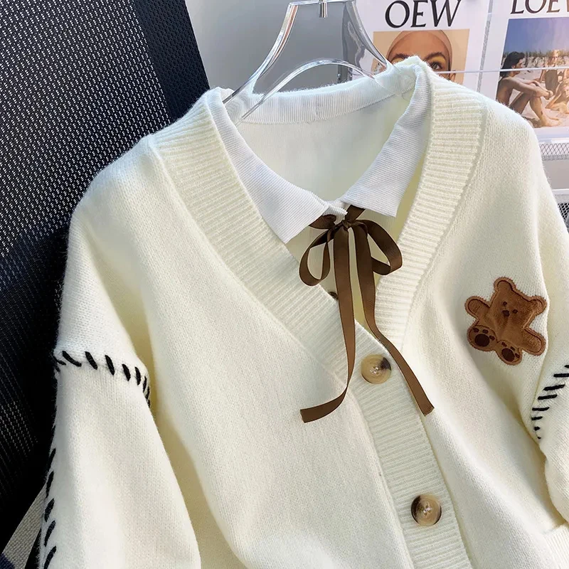 Korean Fashion Cute Bear Embroidery Oversize Knitted Sweater Autumn Winter Single-breasted Loose Sweater Coats Preppy Style Tops