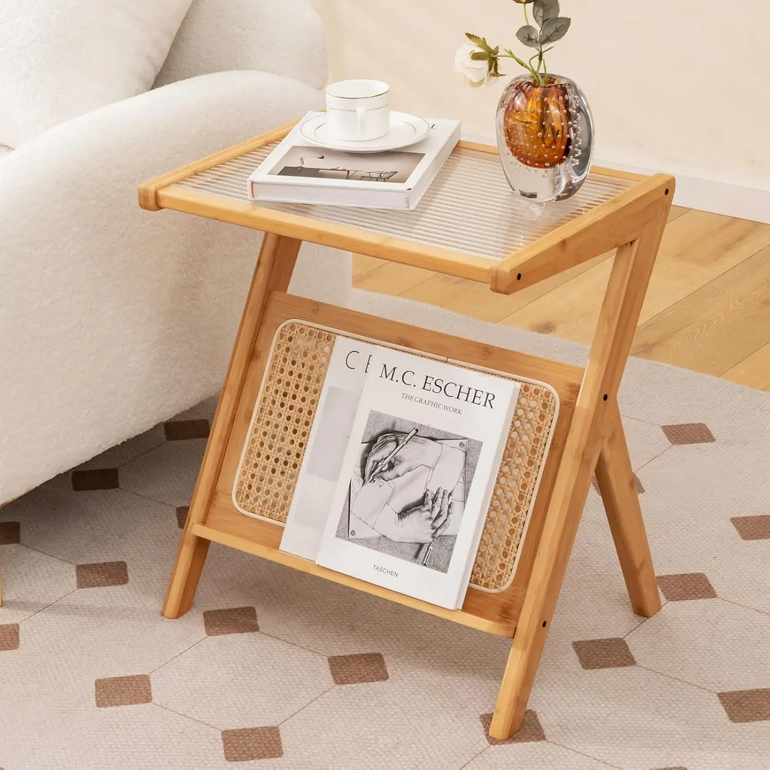 

Rattan Side Table, Boho Nightstand with Glass Top & Magazine Rack, End Table with Storage, Bamboo Bedside Table for Smal