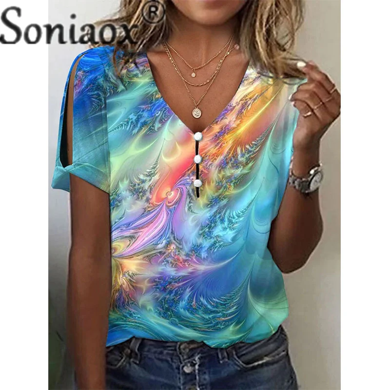 Fashion Tie-dye V Neck Splicing Button T-Shirt Women's Sweet Style Straight Tops Female 2023 Summer Casual Short Sleeve Tees 5XL