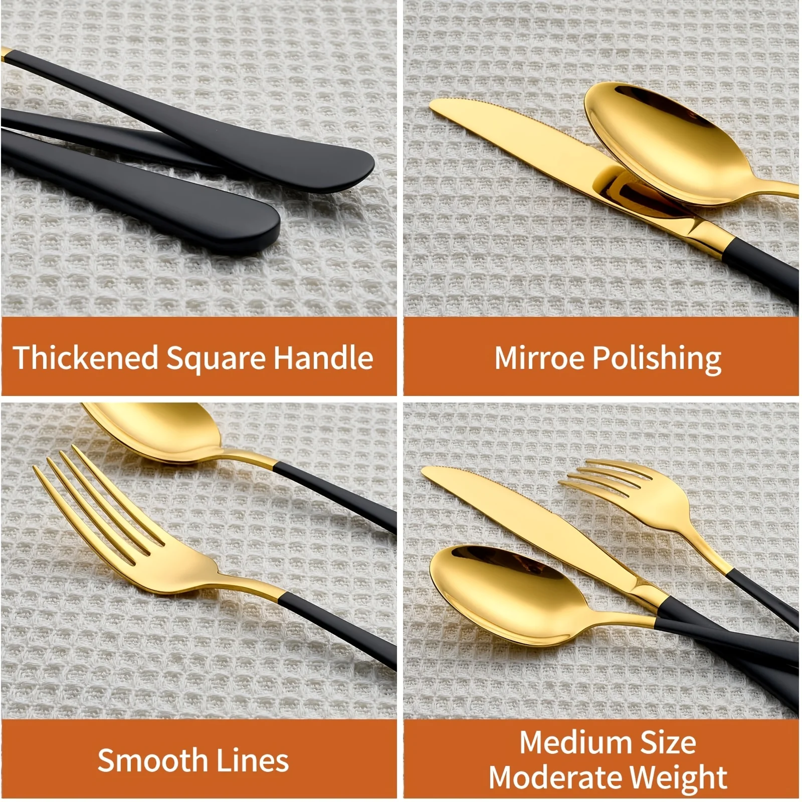 طقم أدوات مائدة من الفولاذ المقاوم للصدأ باللونين الذهبي والأسود مكون من 20 قطعة، خدمة مجموعة أدوات مائدة بمقبض أسود لـ 4 أشخاص، تتضمن سكاكين العشاء والشوك والملعق