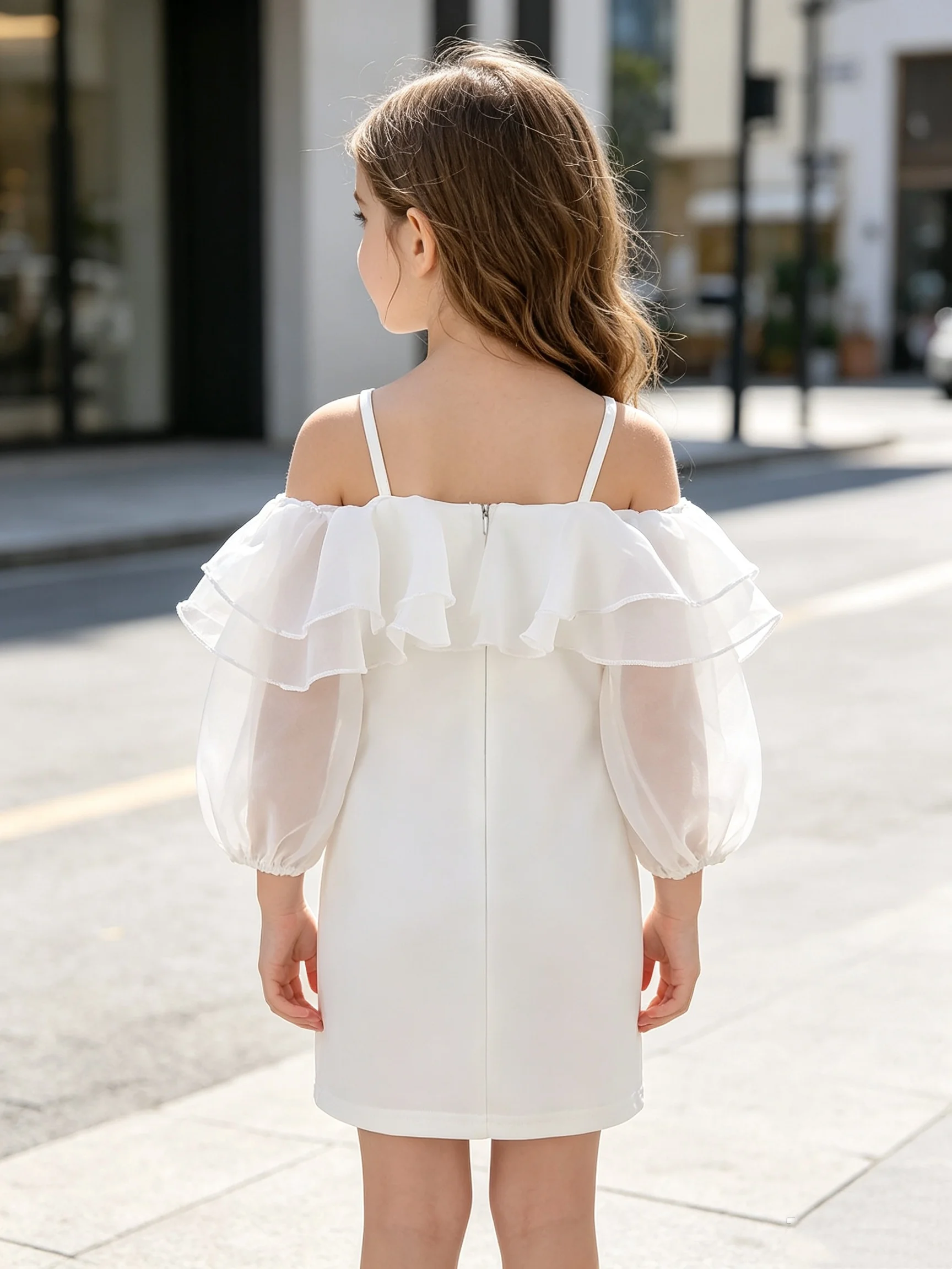 Toddler Girls Elegant White Off Shoulder Dress Double Ruffle Trim Puff Sleeve Bodycon Mini Dress For Birthday Wedding Event