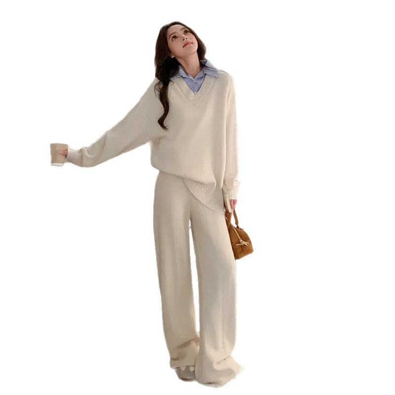 Koszula z efektem łączenia, imitacja dwuczęściowego topu z dzianiny + luźne spodnie z szerokimi nogawkami w jednolitym kolorze, damski zestaw dwuczęściowy na jesień i zimę 2025, nowość.