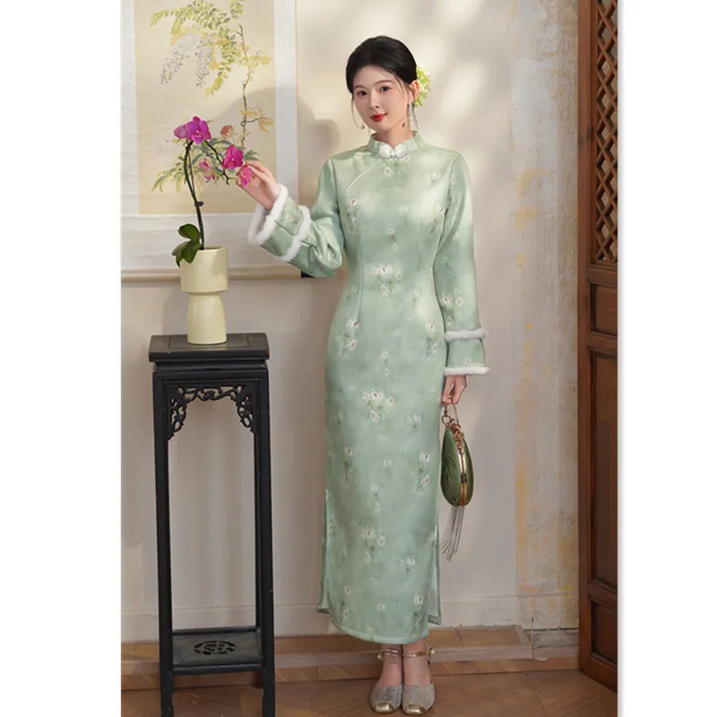 Yourqipao Suede Jacquard Long Sleeve Chinese Winter Cheongsam 2025 Improved New Feather Qipao Dress