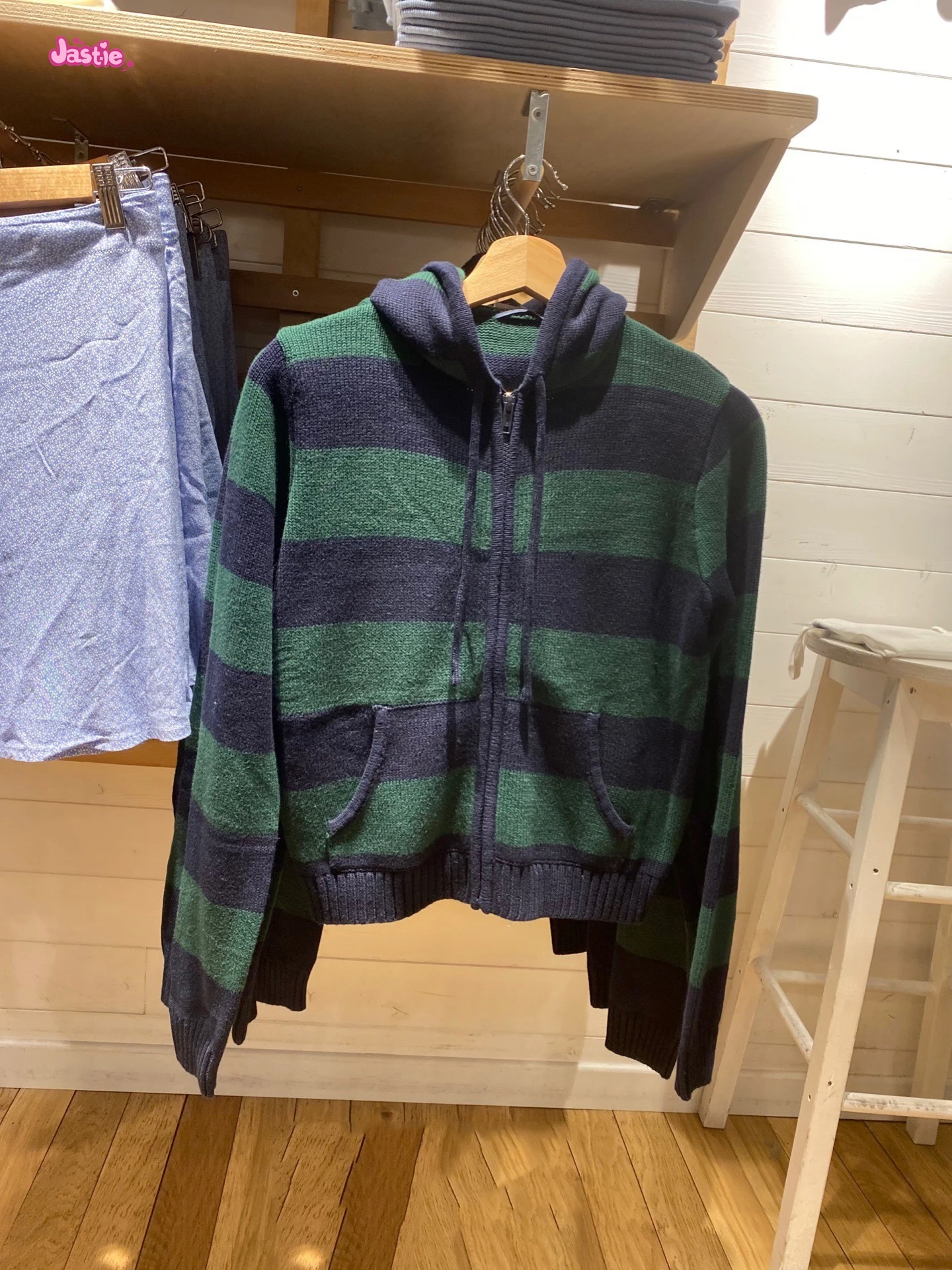 Retro Green Stripe Zipper Knitting Hoodie Slim Y2K Street Winter Sweater Cotton Blend Pocket Women Jackets Autumn Tops 2025 New