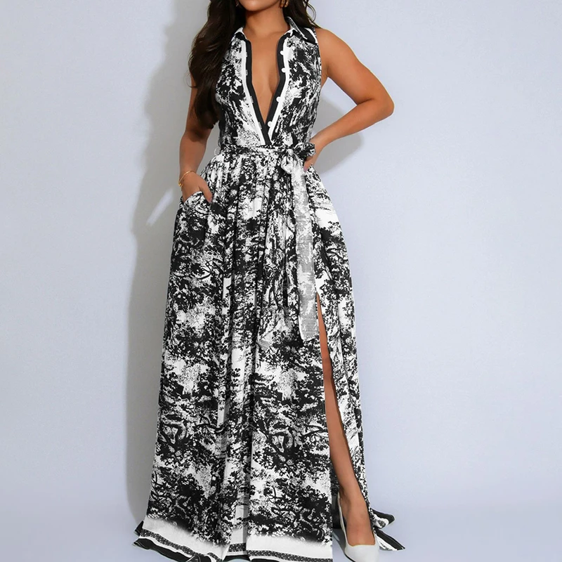 Retro Pattern Printed Button High Waist Dress Casual Women's Lapel Sleeveless Shirt Dress New Summer Fashion Split Beach Dresses