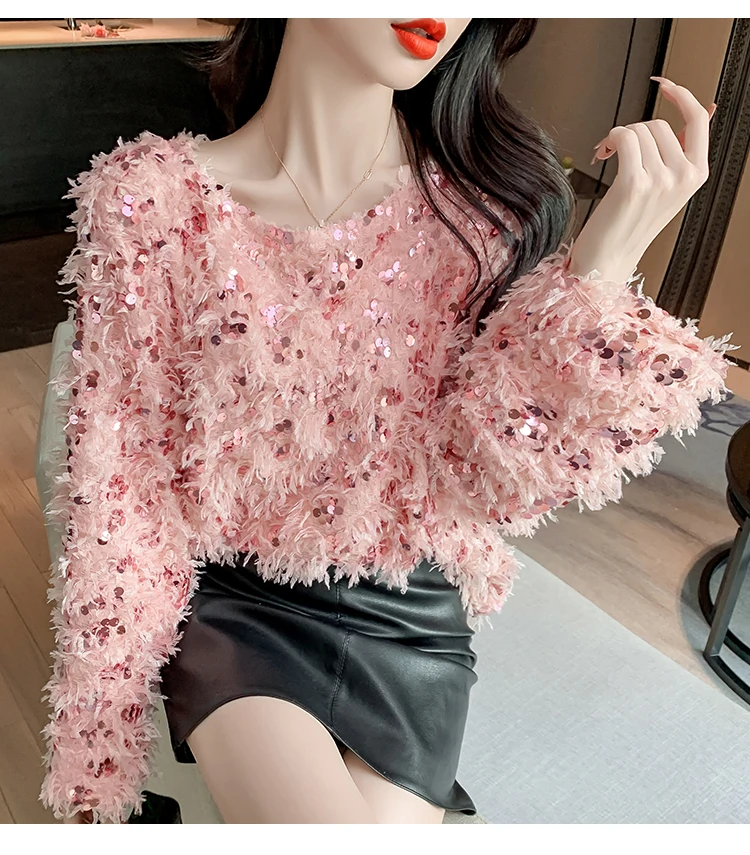 Autumn And Winter New Round Neck Female Sequins Long Sleeve Straight Women\'s Wear Loose Casual Feather Tassel Tops