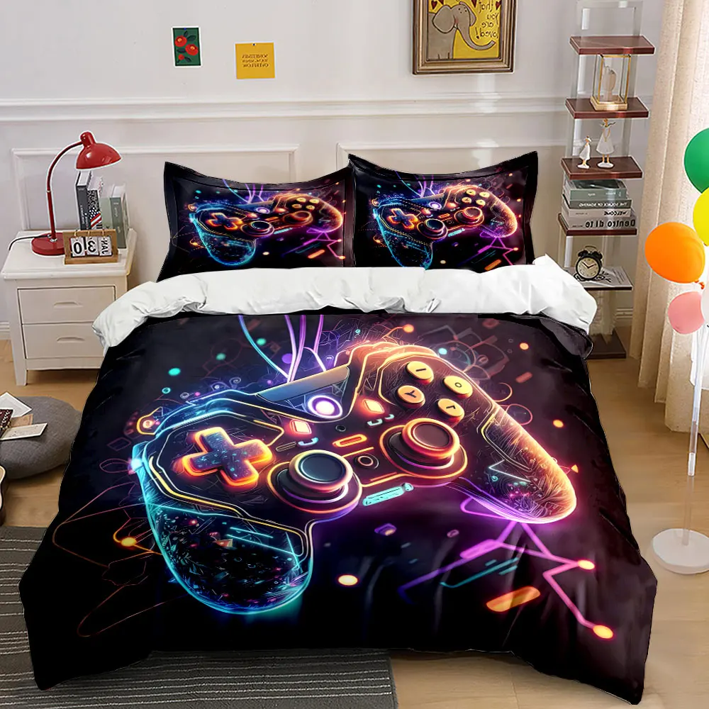 

Neon Futuristic Gaming Controller Print Bedding Set 1 Duvet Cover 2 Pillowcases for Adult and Children Luxury Gift Full Size