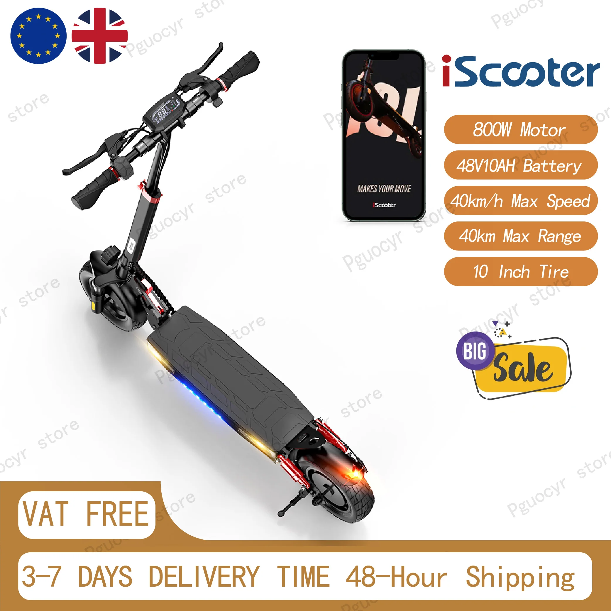 iScooter iX3 Elektroroller 800W Motor 48V 10Ah Akku 10 Zoll Offroad-Reifen E-Scooter Doppelte Federung App 40km/h 30-40km Reichweite