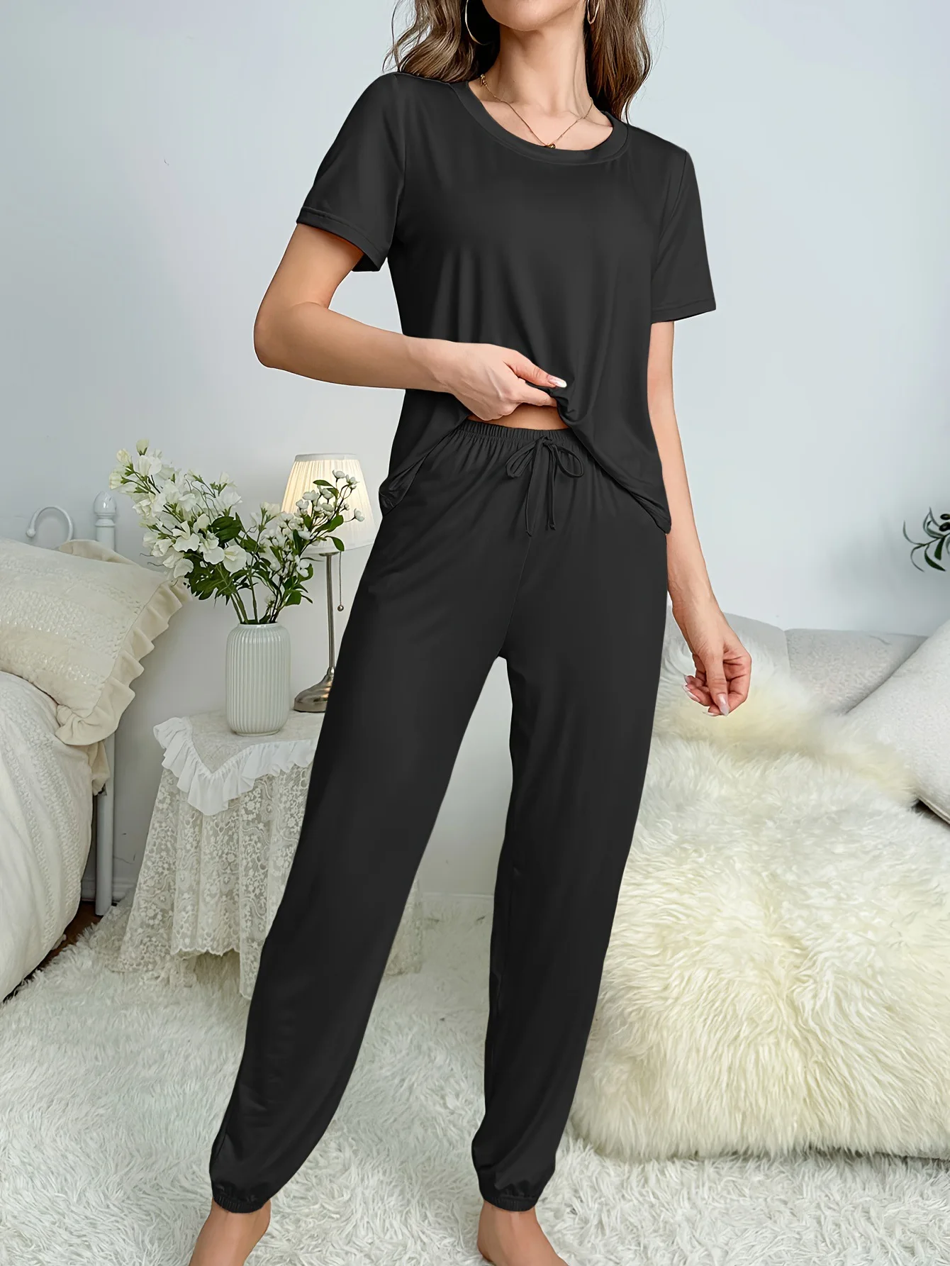 New Women's Solid Color Comfortable Casual Round Neck Top and Long Pants Pajama Set Women's Home Casual Pajama Set