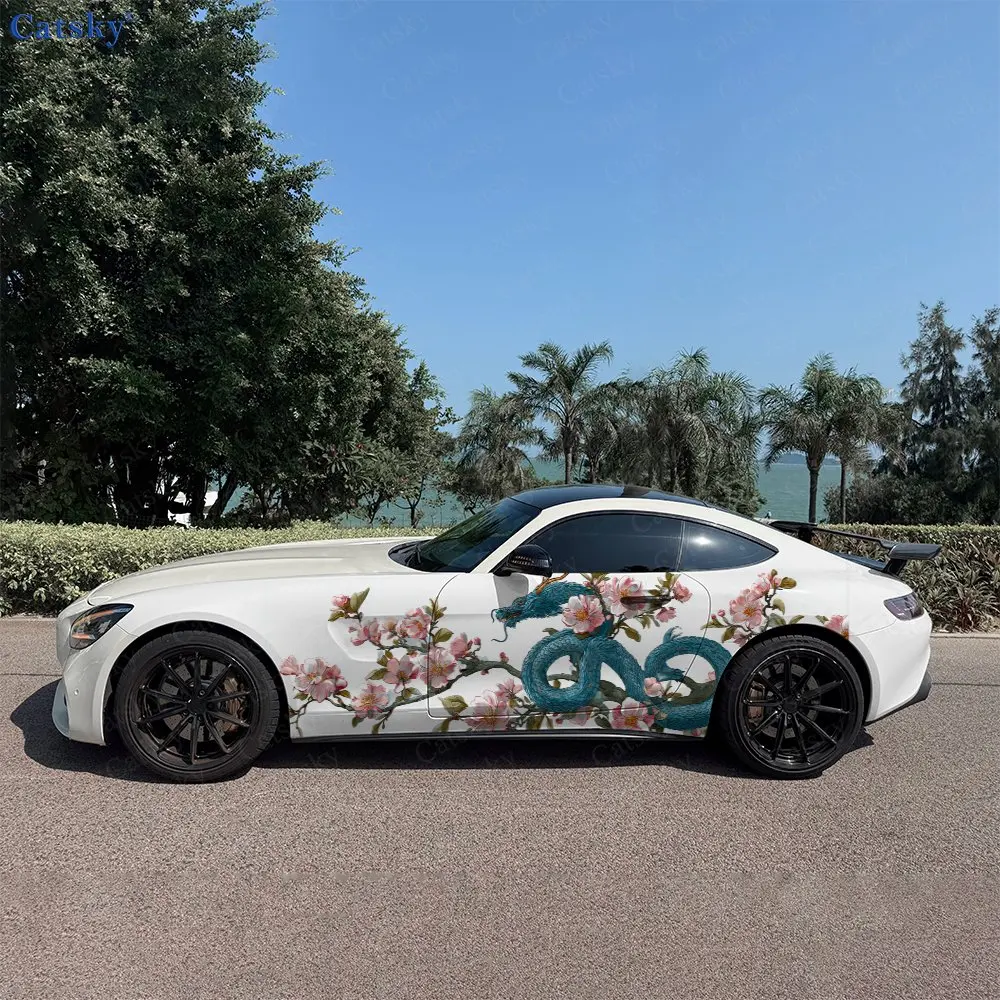 2pcs Dragon Dancing Peonies Wild, Durable, Fade-resistant, Enhance Vehicle Aesthetics With Bold Artistic Design Car Vinyl Wraps