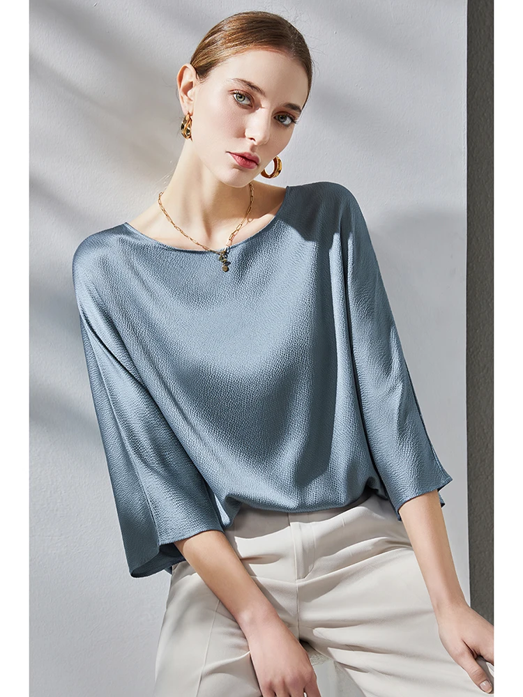 

Ele Godd Silkin Pearl Satin Свободный женский топ Naked Sensation Straight Tube Svel круглый Ne Pure Color Heavyw...