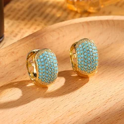 Uilz High Quality Blue Turquoise Stone Round Geometric Hoops Earrings for Women Charm Metal Simple Fashion Jewelry