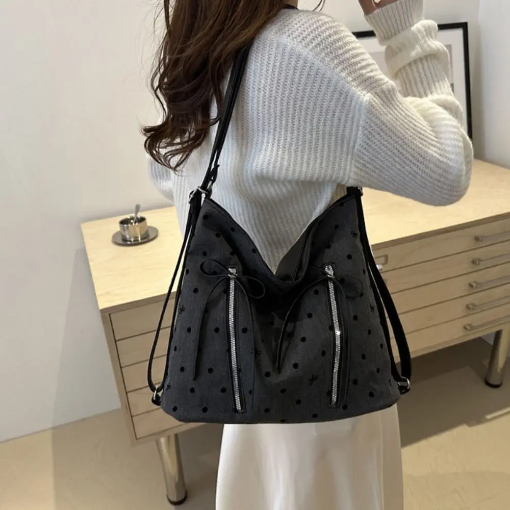 Korean Style Wave Point Shoulder Bag Adjustable Strap Casual Bowknot Tote Bag Large Capacity Elegant Polka Dot Backpack Lady