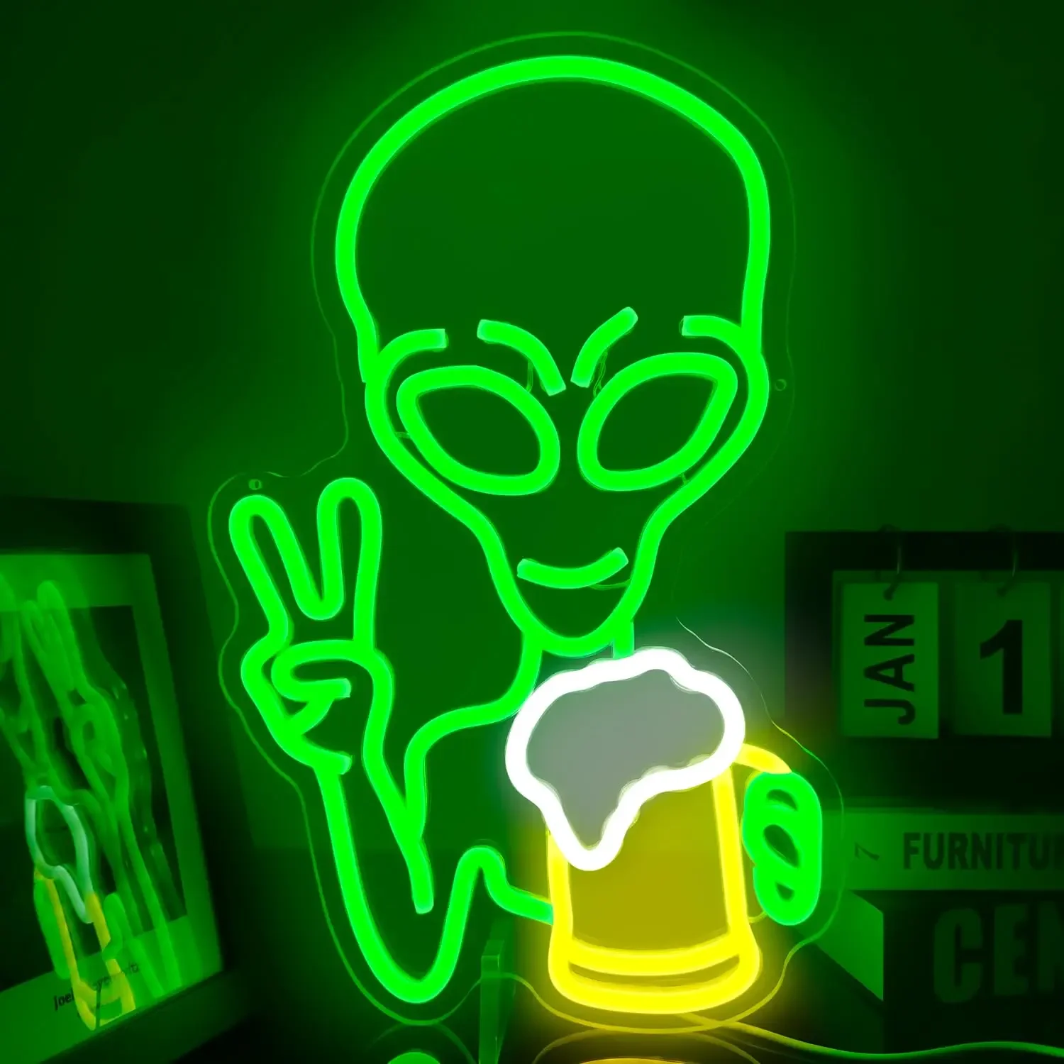 

Green Alien Beer Neon Light Dimmable LED Light Up Signs - Alien Neon Sign for Bedroom Game Room Bar Beer Pub Hip Hop