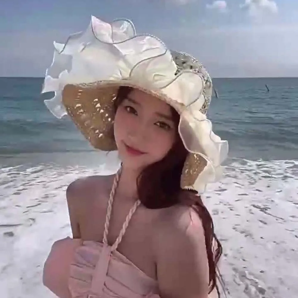 البيج المحمولة الدانتيل اللؤلؤ قبعة واقية من الشمس تنفس الجوف خارج القش النسيج قبعة للشاطئ البوليستر القطن كبير الحواف المنسوجة قبعة الصيف