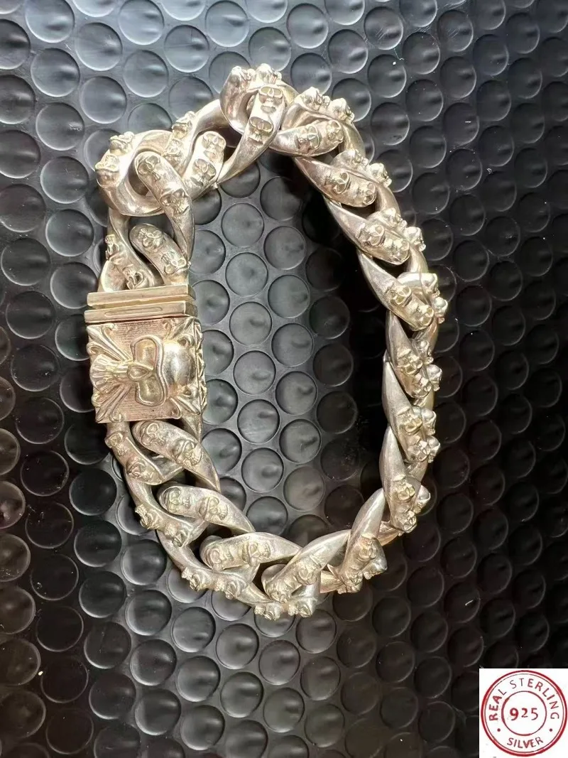

925 Tibetan Silver Vintage Skull Bracelet, Hip-Hop Punk Jewelry for Men & Women, Ideal Fashion Gift