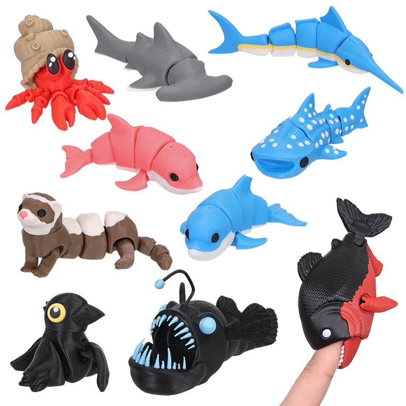 Figura de animal impresa en 3D con articulaciones móviles: tiburón, dragón barbudo, delfín, cangrejo ermitaño, hurón, mapache, pez pescador. Decoración para el hogar, regalo.
