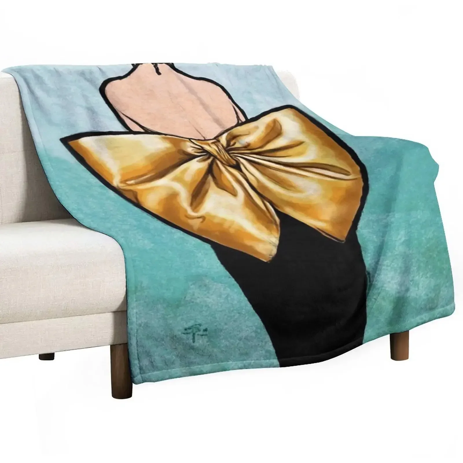 Little Black Dress with a Big Golden Bow Vintage fashion art Throw Blanket manga Picnic Blankets