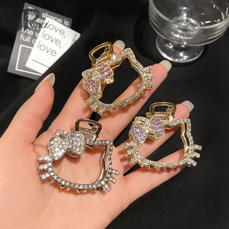 Kawaii Rhinestone Hello Kitty Hollow Out Hair Claw Shark Clip For Women Girls Fashion Exquisite Hair Accessories Headwear Gifts