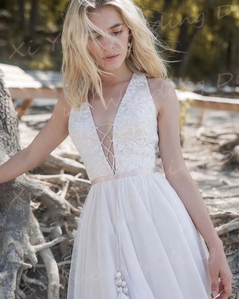 Robes de mariée A-Line pour femmes, appliques de dentelle simples, mariée moderne, tout ce qui est classique, fibroBeach Tulle