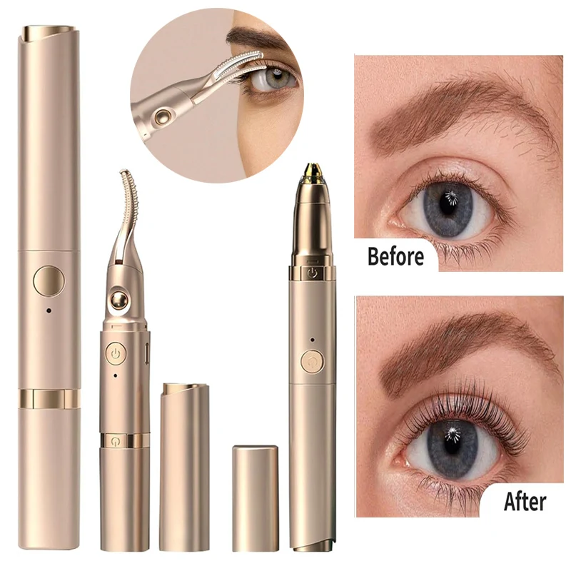 2 in 1 Heated Eyelash Curler with Eyebrow Trimmer Tool USB Rechargeable Eye Lash Curling Tools Eyebrow Nose Facial Hair Remover