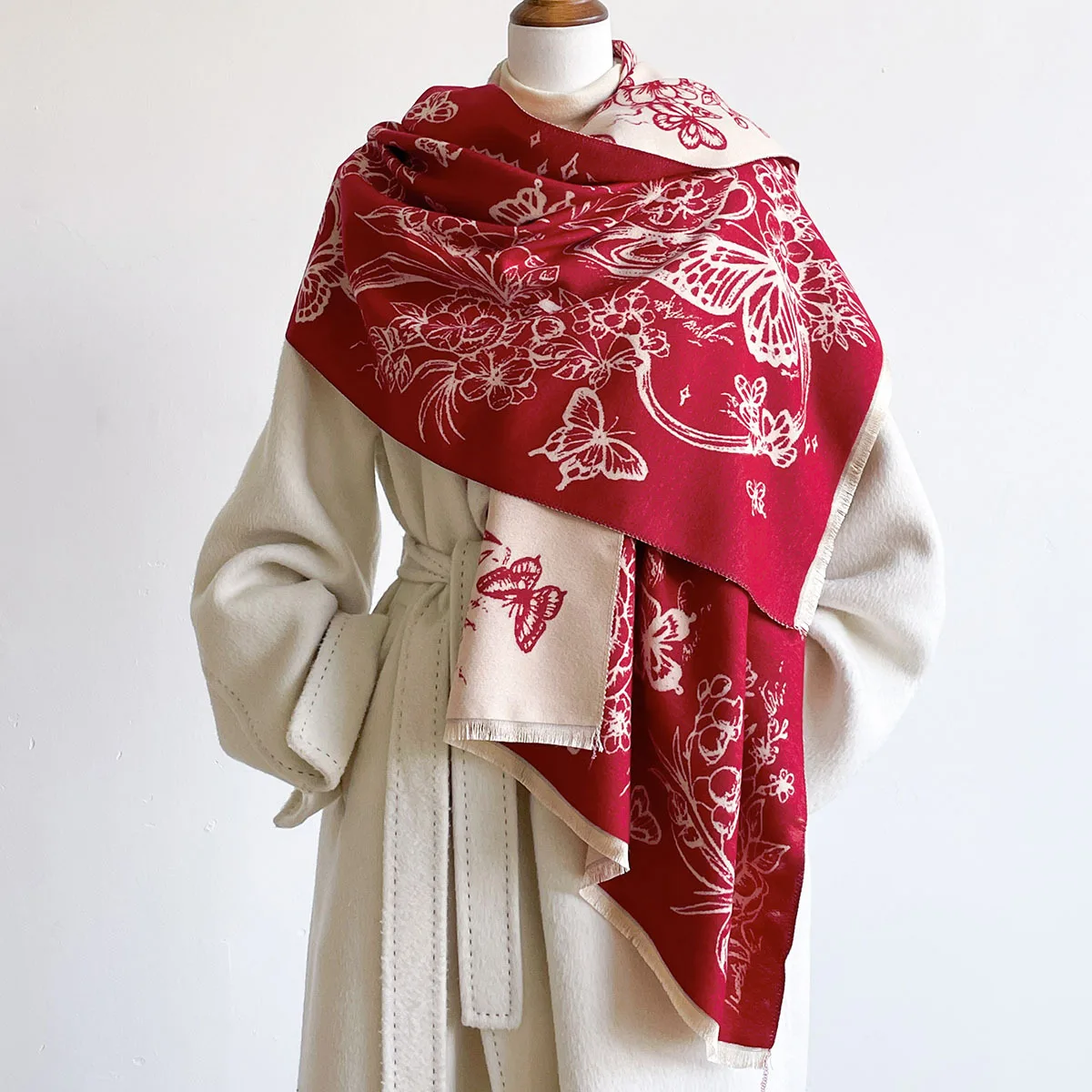 Winter Soft Faux Cashmere Blanket Scarf Vintage Burgundy Floral Butterfly Print Double Sided Wearable Wrap Ladies Fashion Warm