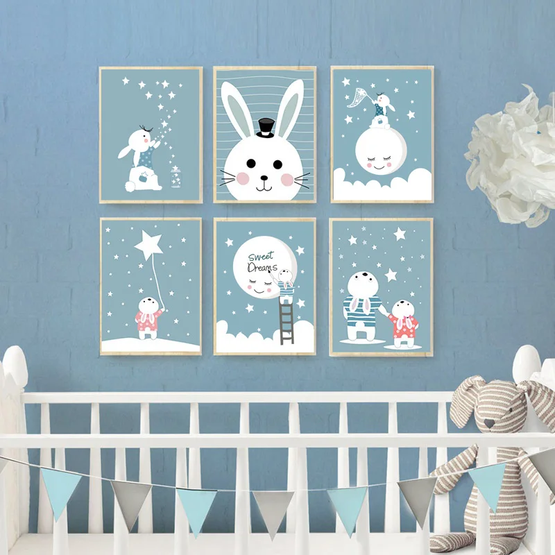 

6pcs/Set Kawaii Animal White Rabbit Wall Art Canvas Painting Abstract Poster Modern Wall Picture Living Room Home Decoration