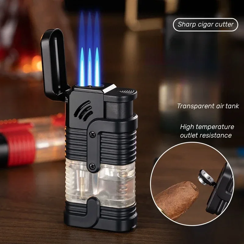 Metal Windproof Three Flame Inflatable Lighter Outdoor Portable Butane Gas Lighter  Igniter Bottom with Cigar Cutter Men's Gift