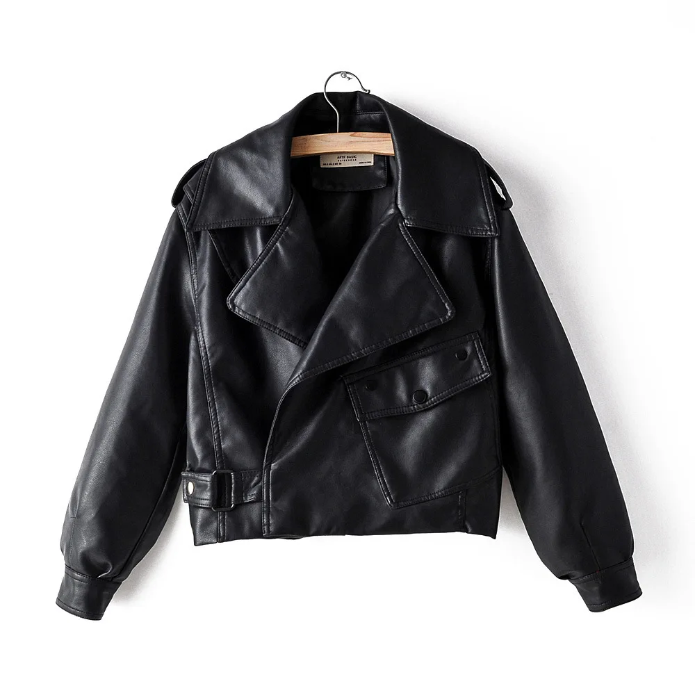 SUSOLA New Autumn Women Faux Leather Jacket Pu Motorcycle Biker Red Coat Turndown Collar Loose Streetwear Black Punk Outerwear