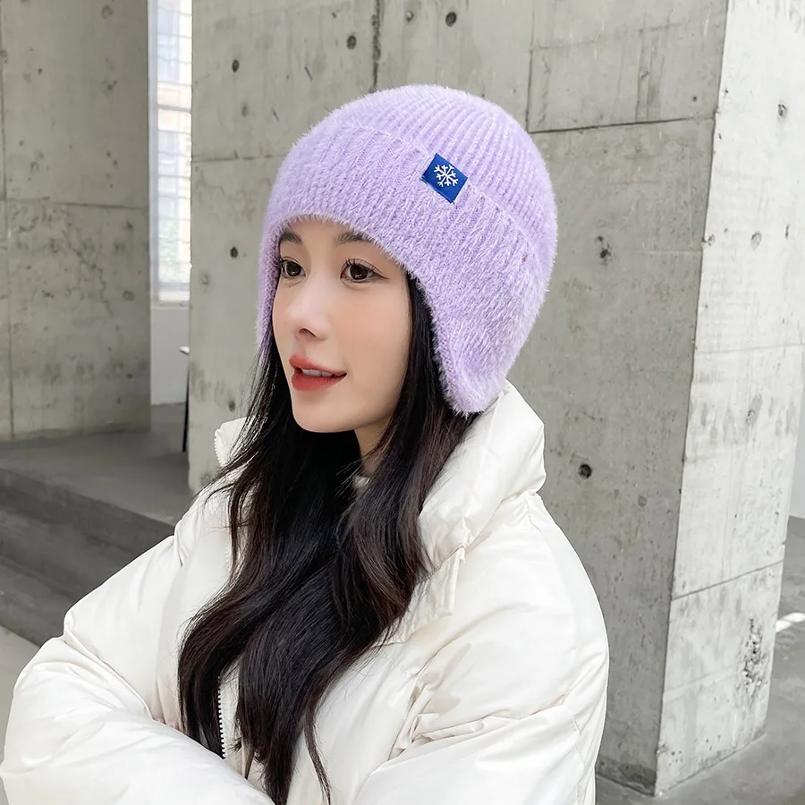 

INS Korean Winter Warm Knitted Caps Hats for Women Outdoor Snow Cap with Earflap Ladies Faux Mink Fur Trave Hat Bonnet Beanie