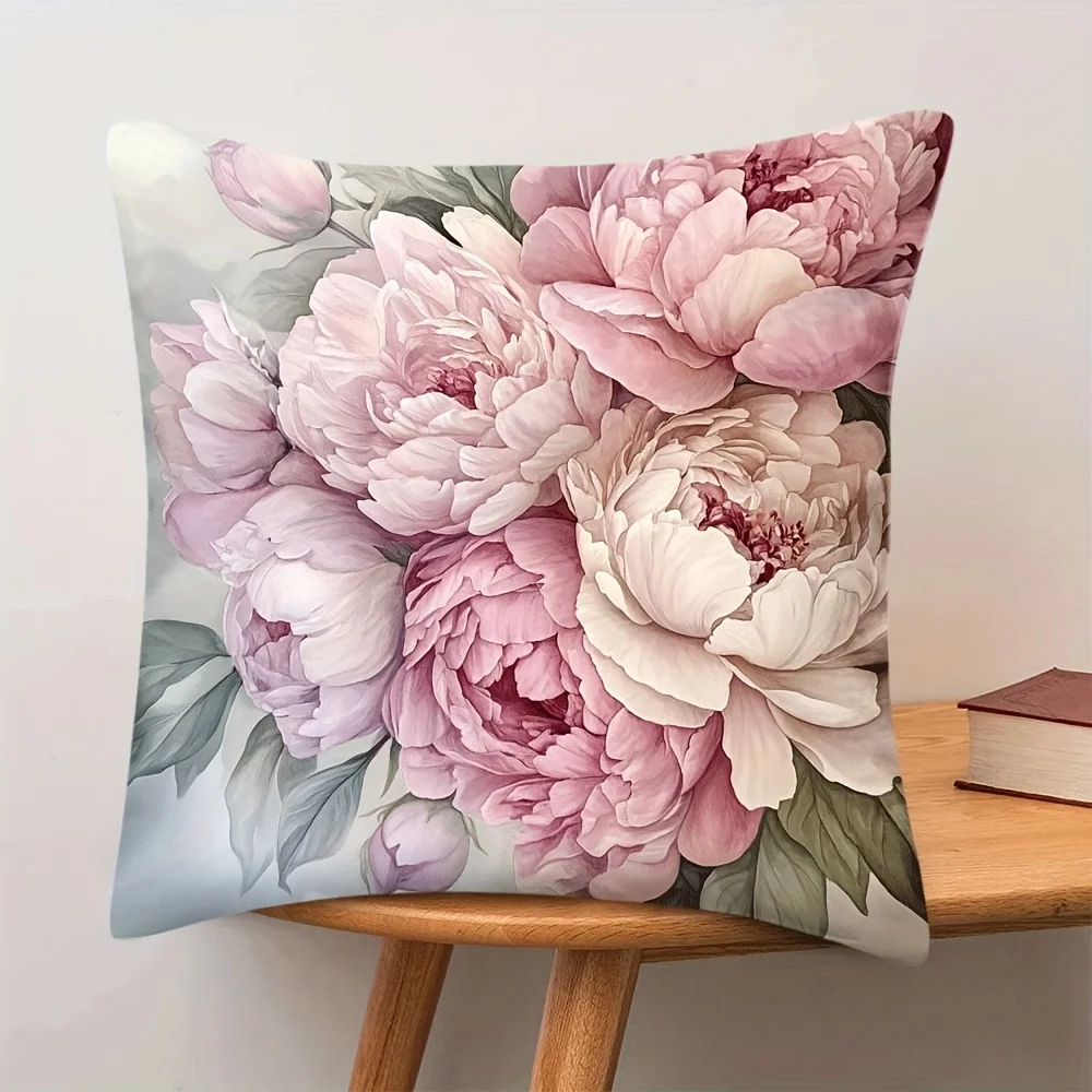 Romantic Peony Floral Print Cushion Cover Throw Pillow Blush Blossom Decor Accent Case 40x40cm Bedroom Home Decor Gift